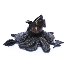 Figural Paperweight, Solid Bronze With Helmet, Gauntlet, Shield, Mace, Halberd & Feather Design
