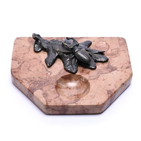 Figural Desk Accessory, Bronze Scarab On Leaf Mounted On Marble Base With Finger Well