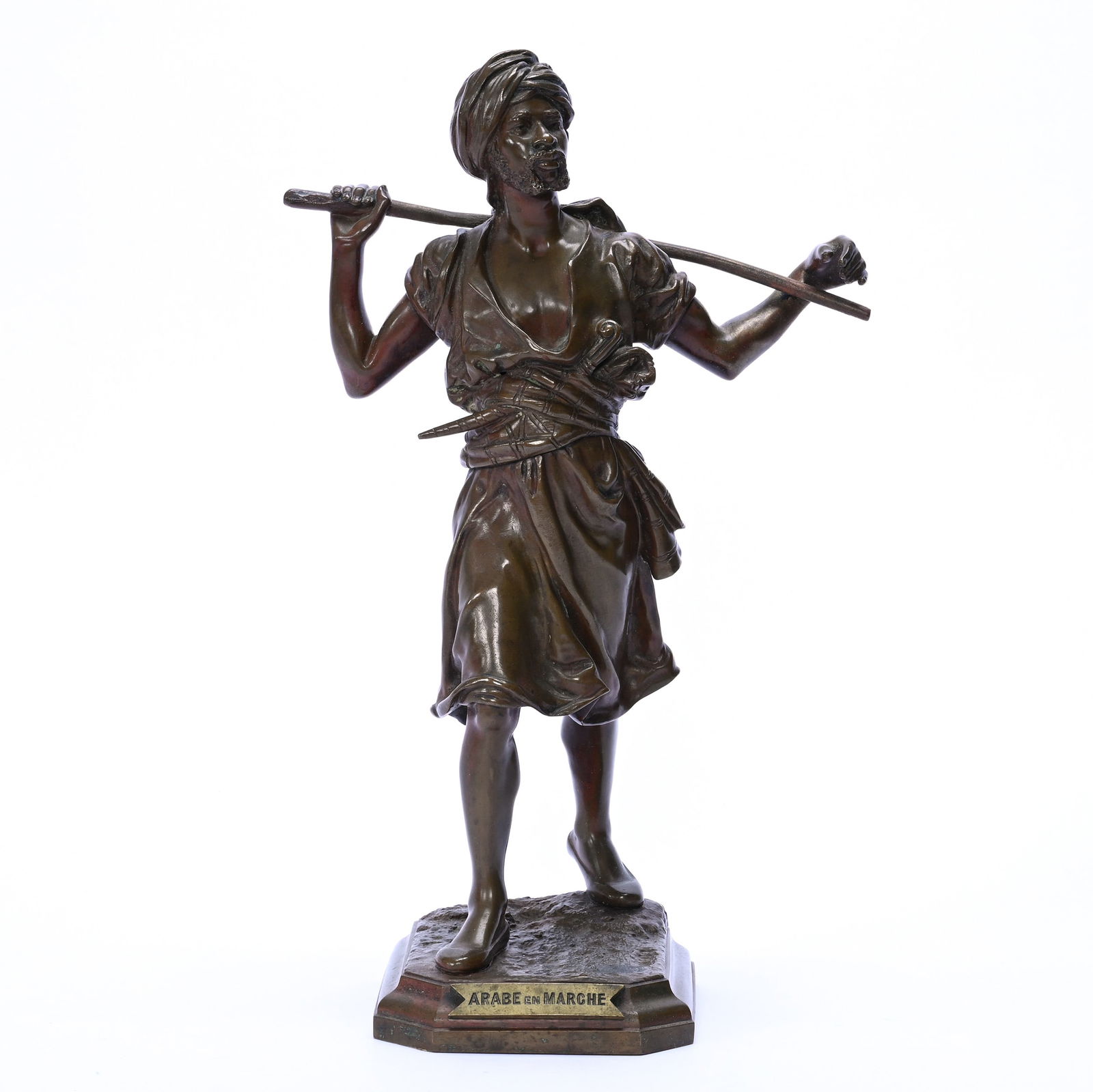 French Bronze Sculpture Titled "Arabe En Marche" By Emile Pinedo (1840-1916): French Bronze Sculpture Titled "Arabe En Marche" By Emile Pinedo (1840-1916), 13" x 8", Nice Detail And Patina, Total Weight Of Over 6 Pounds, J. Quentin Brasted Collection, KS.