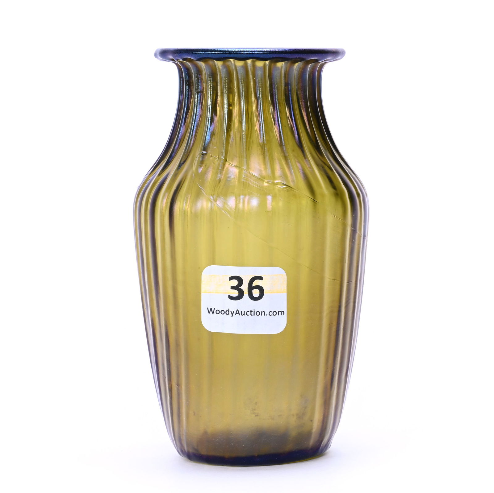 Vase, Unmarked Art Glass, Green Iridescence With Ribbed Design: Vase, Unmarked Art Glass, Green Iridescence With Ribbed Design, 4.25" x 2.5", Polished Pontil Base, Loetz Style, J. Quentin Brasted Collection, KS.