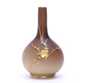 Vase, Unmarked Webb Art Glass, Brown Satin With Gold Enamel Branch And Blossom Decor