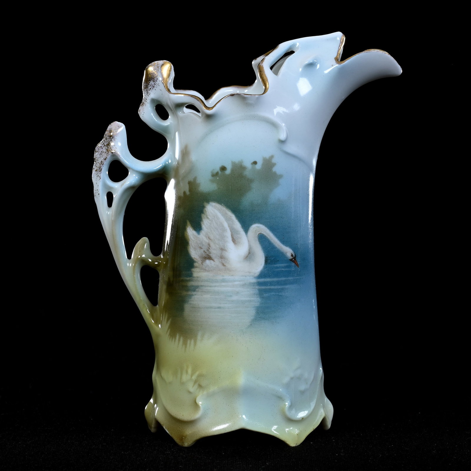 Ewer, Unmarked R.S. Prussia, Swan Decor, Blue, Green And White Tones: Ewer, Unmarked R.S. Prussia, Swan Decor, Blue, Green And White Tones, 5" x 3.75", Illinois Private Collection.