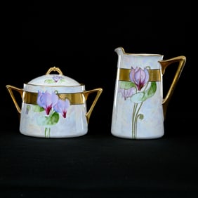 Milk Pitcher, White Iridized Ground With Floral Decor, Heavy Gold Trim