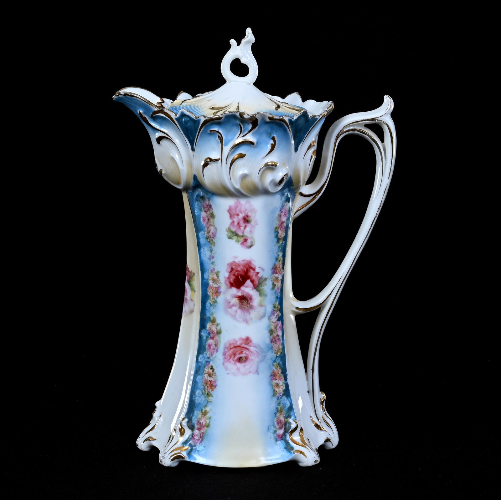 Chocolate Pot, Unmarked R.S. Prussia: Chocolate Pot, Unmarked R.S. Prussia, 10.5" x 7", Blue, Cream And White Tones, Poppy Decor, Gold Trim Highlights, Nice Condition, Illinois Private Collection.