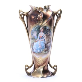 Vase, Two Handles, Marked Royal Vienna, Bronze With Scene Of Woman With Dog