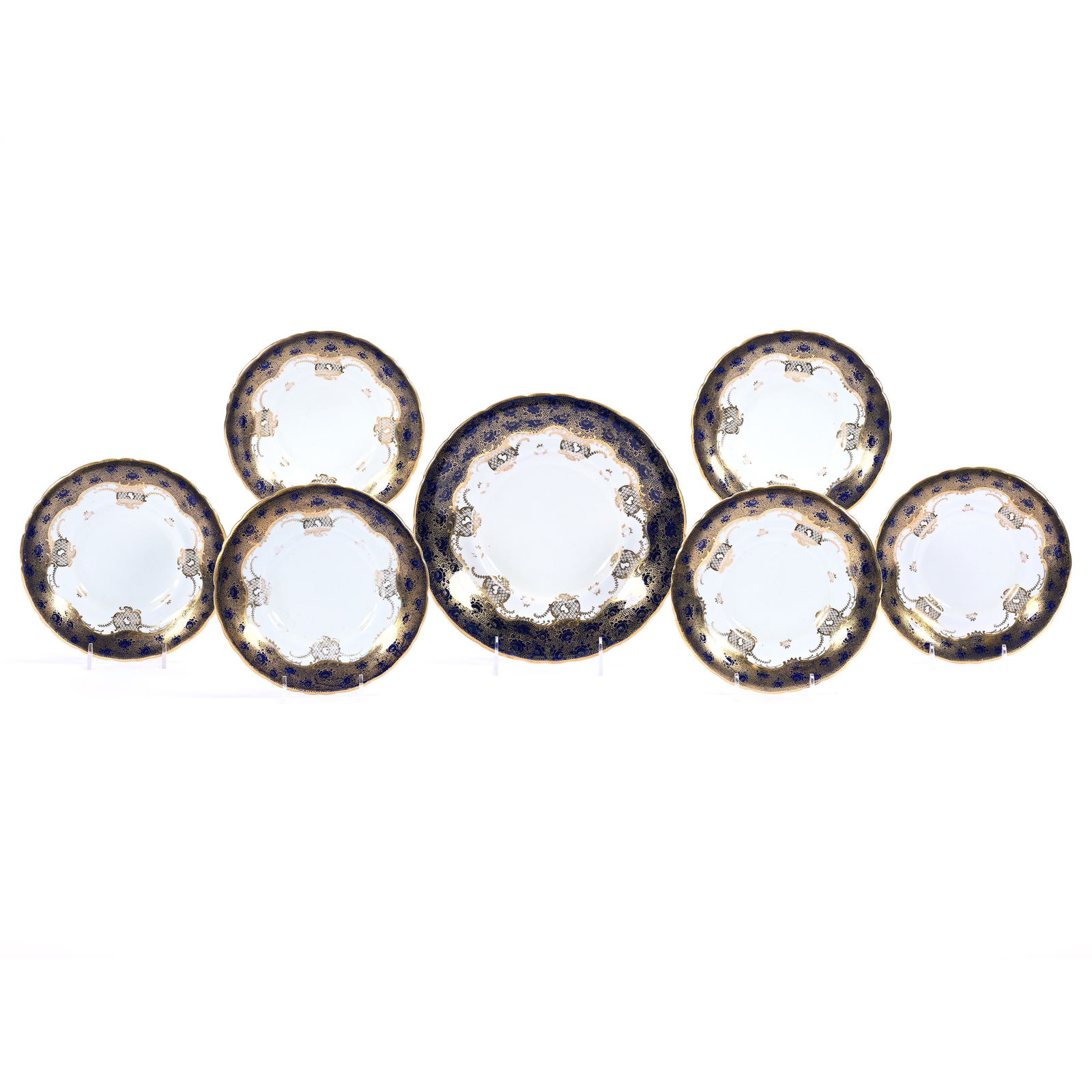 Cake Set Marked Bisto England, White With Cobalt Blue Border: Cake Set Marked Bisto England, White With Cobalt Blue Border, Extensive Gold Stencil Highlights, (1) 9.5" Plate, (6) 7.25" Plates, Illinois Private Collection.