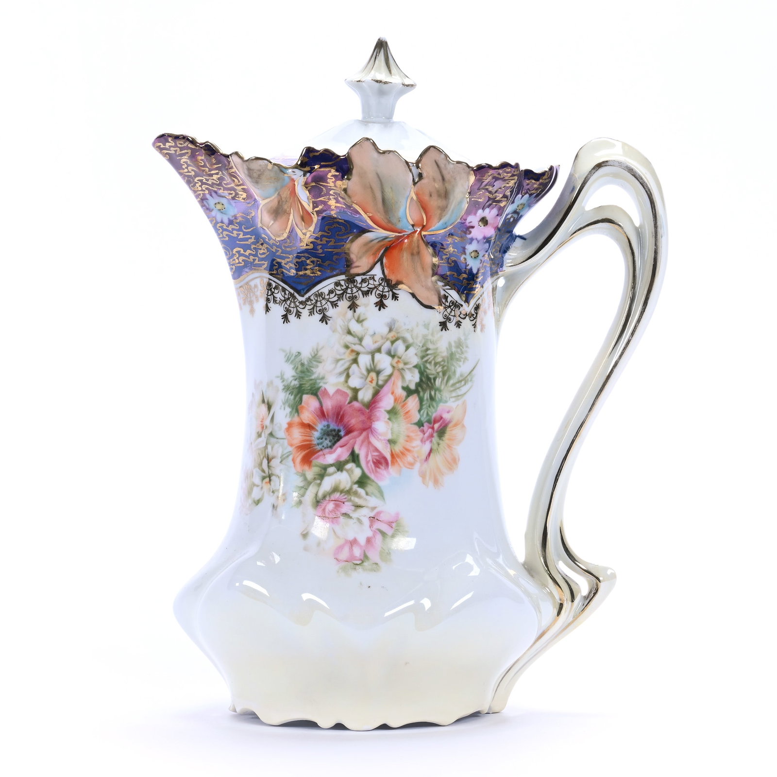 Chocolate Pot, Unmarked R.S. Prussia, Iris Variation Mold: Chocolate Pot, Unmarked R.S. Prussia, Iris Variation Mold, 9.5" x 7.5", White And Yellow Tones, Wild Floral Decor, Iridescent Two-Tone Amethyst Border, Gold Stencil Highlights, Illinois Private Collec