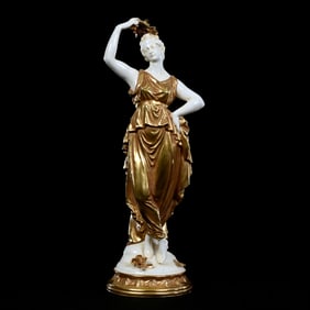 Figurine Marked Germany Volkstedt, Woman Standing, Wreath Above Head