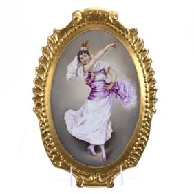 Oval Wall Plaque Marked Limoges, Hand Painted Scene Of Woman Dancing