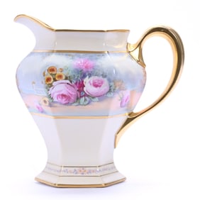 Pitcher, Six-Sided, Marked Pickard, Cream Tones, Colorful Scattered Floral Decor