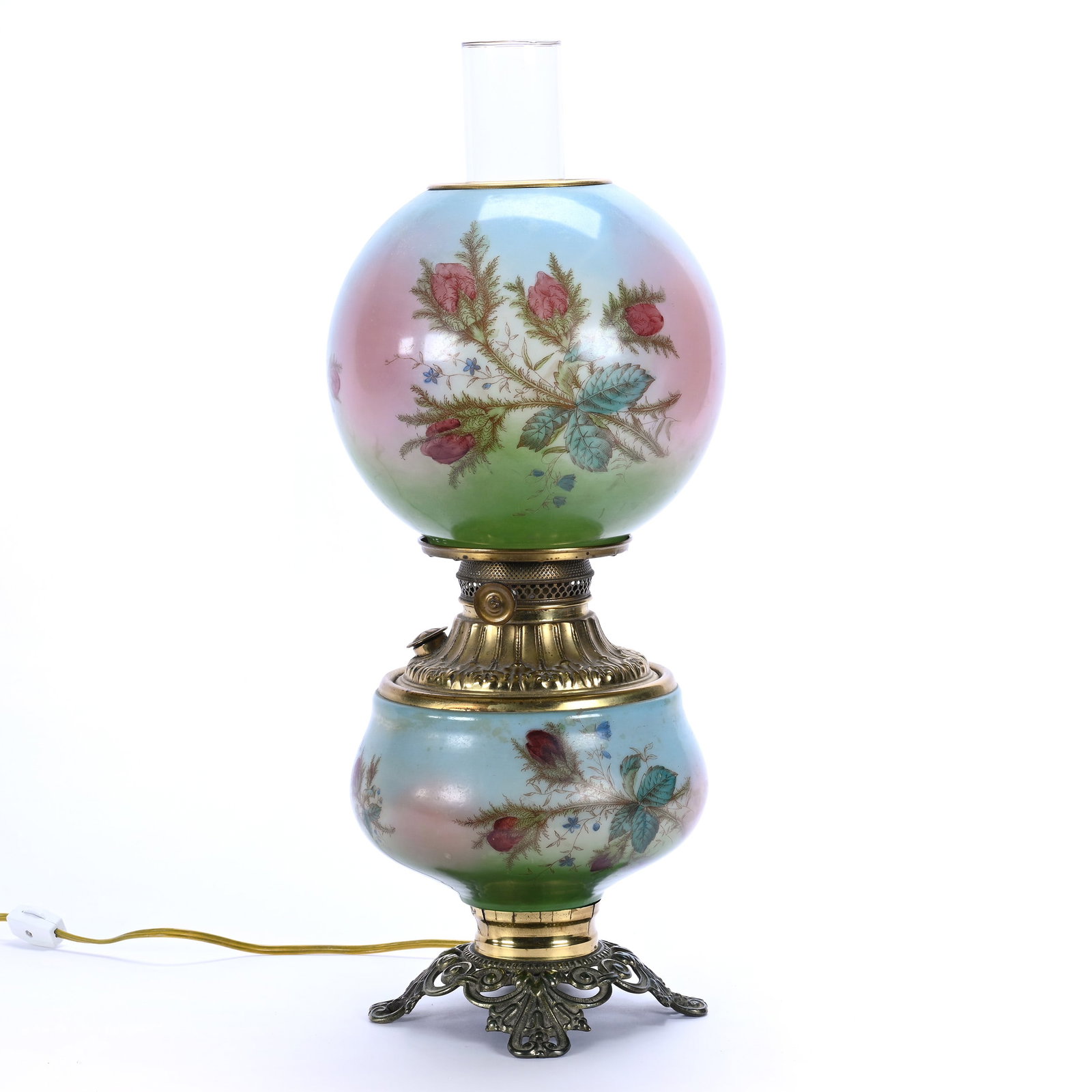 Gone With Wind Lamp, Blue, Pink And Green Tones With Floral And Leaf Decor: Gone With Wind Lamp, Blue, Pink And Green Tones With Floral And Leaf Decor, 17" x 8", Electrified, Stan Warren Collection, Missouri.