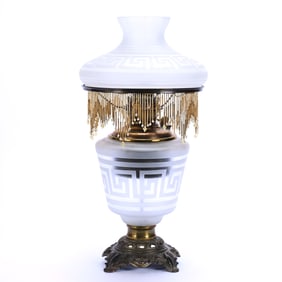 Table Lamp, Frosted Greek Key Pattern With Matching Shade
