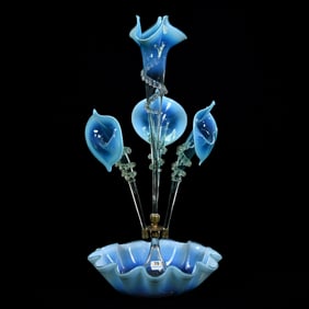 Epergne, Four Lily, Blue And Vaseline Opalescent Art Glass, Applied Rigaree On Lilies, Stourbridge