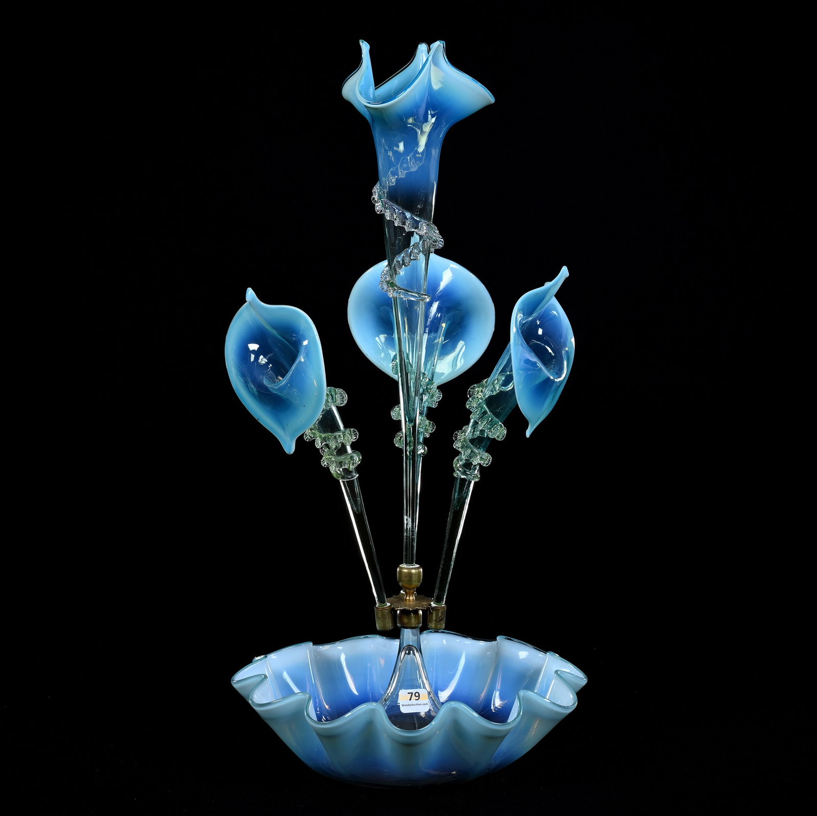 Epergne, Four Lily, Blue And Vaseline Opalescent Art Glass, Applied Rigaree On Lilies, Stourbridge (1 of 6)