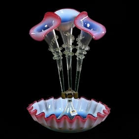 Epergne, Three Lily, Cranberry Opalescent Art Glass