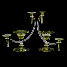 Pair Of Epergnes, Yellow And Clear Art Glass Featuring A Foot With Each Holding Clear Rope Strand