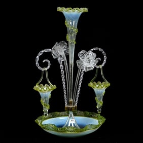 Epergne, Single Lily With Hanging Baskets And Figural Floral Canes, Stourbridge Ca. 1890