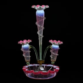 Epergne, Three Lily, Cranberry Opalescent Swirl With Vaseline Stems, Stourbridge Ca. 1890