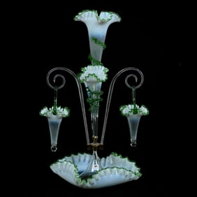 Epergne, Three Lily And Two Canes With Hanging Baskets, Clear Opalescent With Applied Green