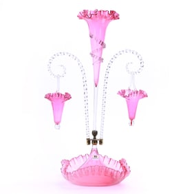 Epergne, Single Lily With Two Canes And Hanging Baskets, Cranberry Art Glass