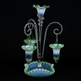 Epergne, Single Lily With Three Canes And Hanging Baskets, Clear Opalescent With Green Trim