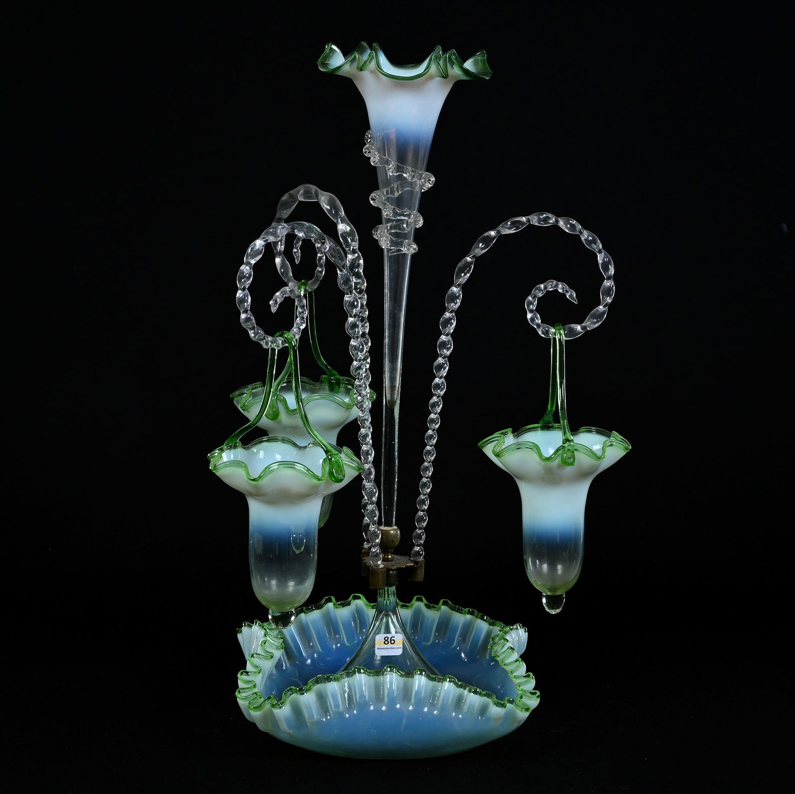 Epergne, Single Lily With Three Canes And Hanging Baskets, Clear Opalescent With Green Trim (1 of 5)