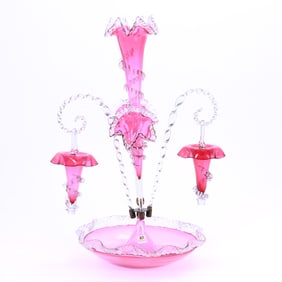 Epergne, Three Lily, Two Canes And Hanging Baskets, Cranberry, Clear Applied Rigaree