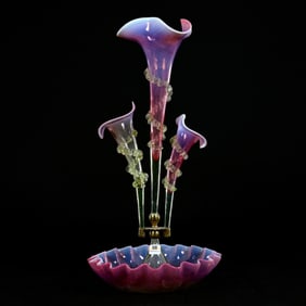 Epergne, Three Lily, Cranberry Opalescent With Vaseline