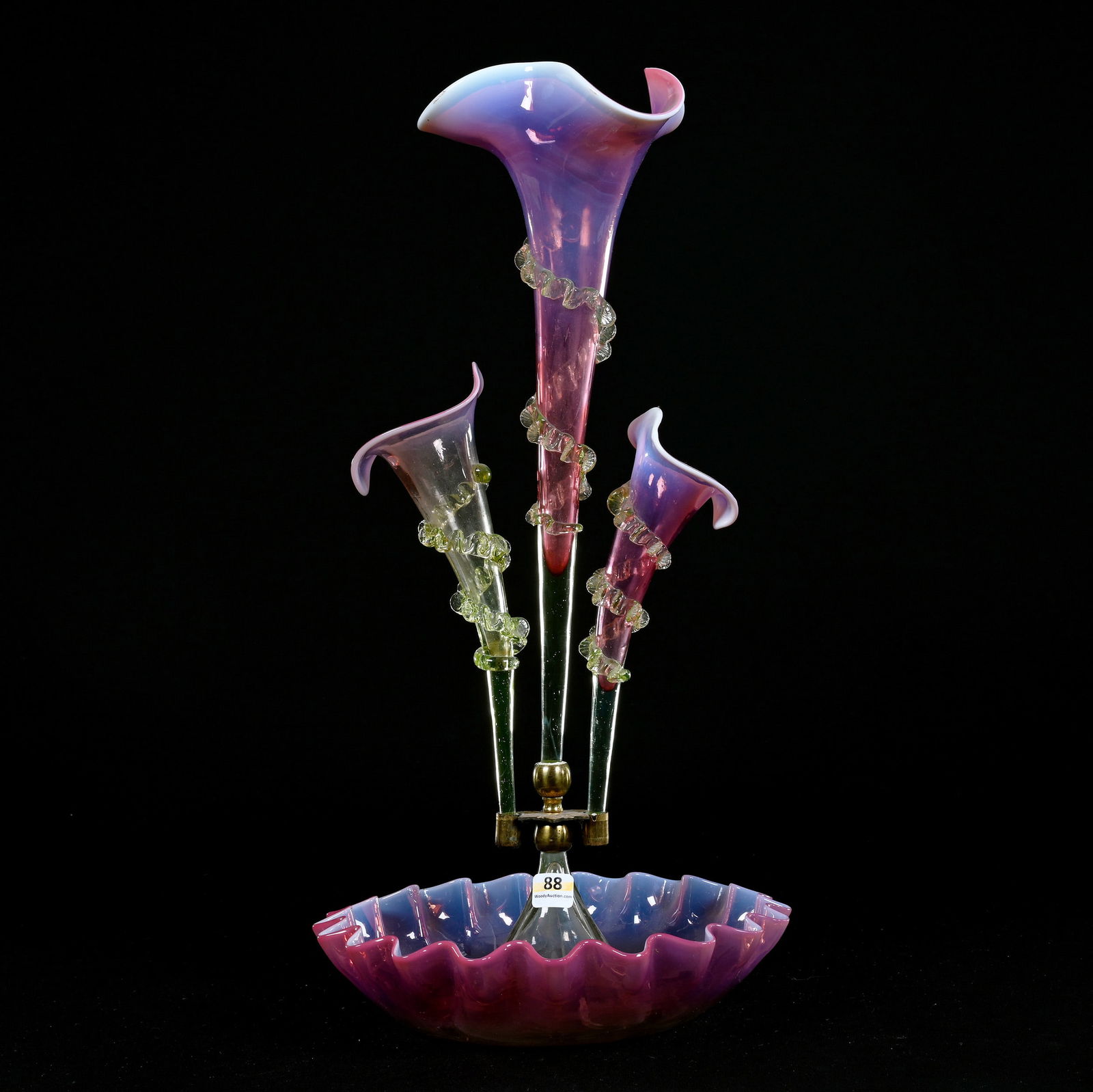 Epergne, Three Lily, Cranberry Opalescent With Vaseline (1 of 8)
