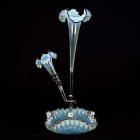 Epergne, Three Lily, Selling As Is - Green Opalescent With Applied Amethyst Trim