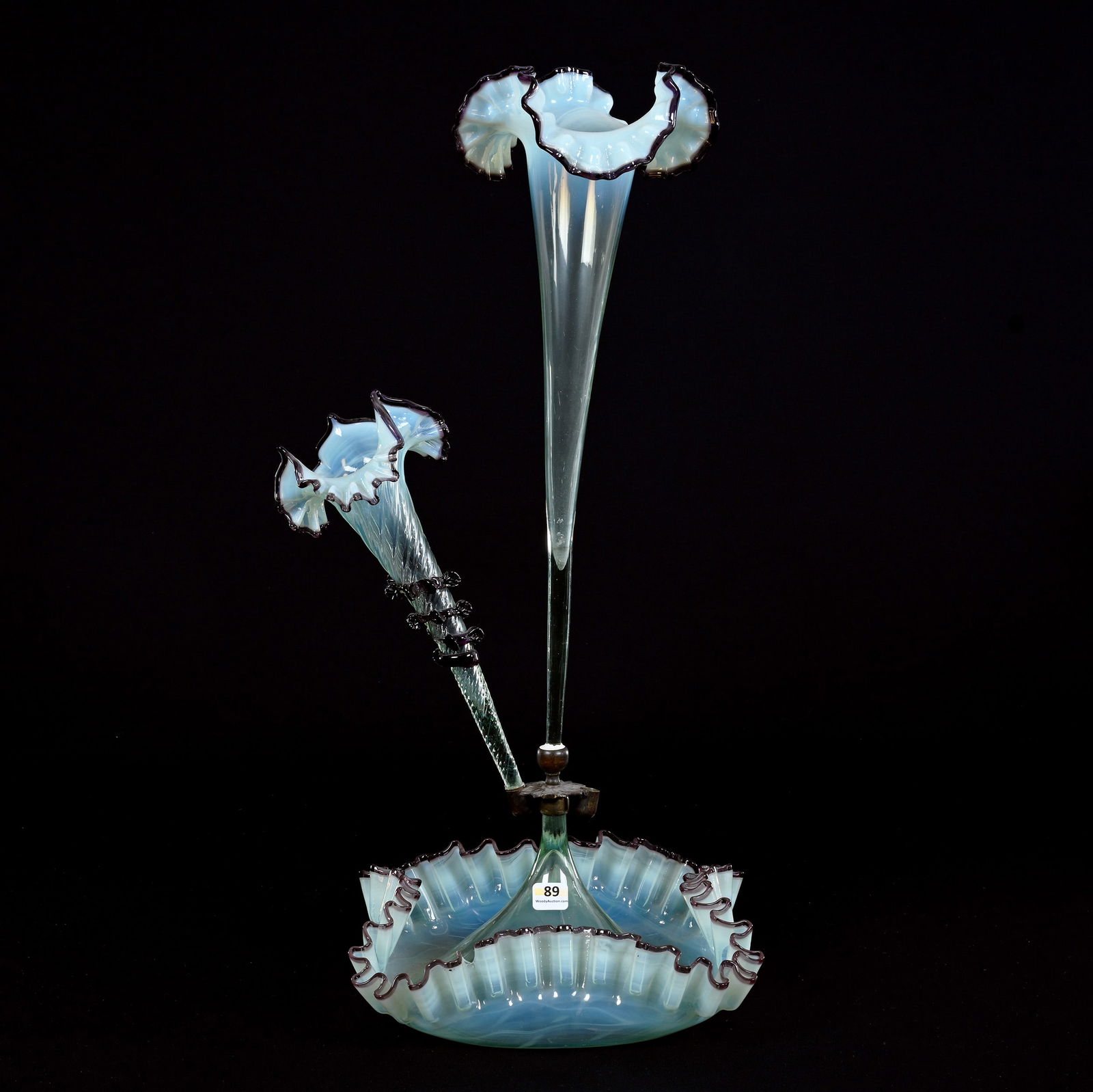 Epergne, Three Lily, Selling As Is - Green Opalescent With Applied Amethyst Trim (1 of 10)