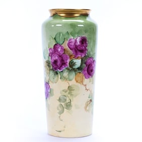 Vase Marked Stinthal, Green And Cream Tones, Hand Painted Rose Decor