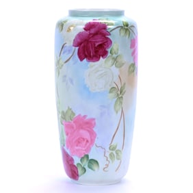Vase Marked Bavaria, Blue Tones With Pink And White Rose Decor