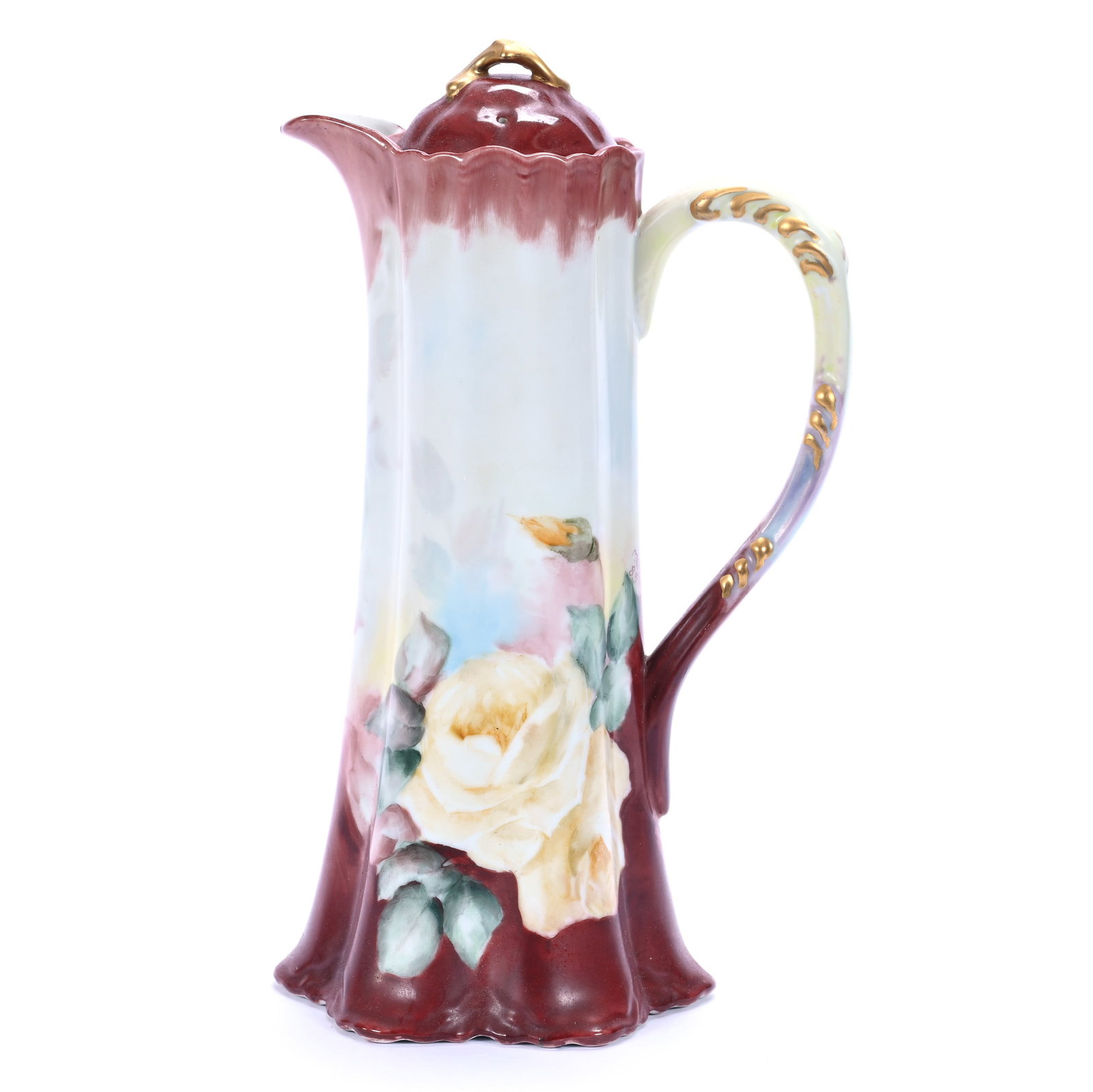 Chocolate Pot, Unmarked Bavaria, Hand Painted Rose Decor: Chocolate Pot, Unmarked Bavaria, Hand Painted Rose Decor, 10.75" x 6.5", Artist Signed, Dated '85 (Believed To Be 1985), Illinois Private Collection.