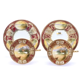 Pair Pedestal Cups And Saucers Marked Nippon
