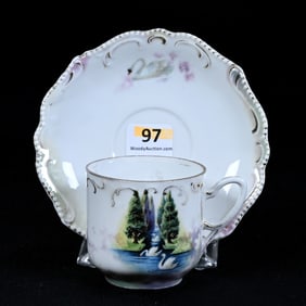 Cup And Saucer Marked R.S. Prussia, Swan And Evergreen Scenic Decor
