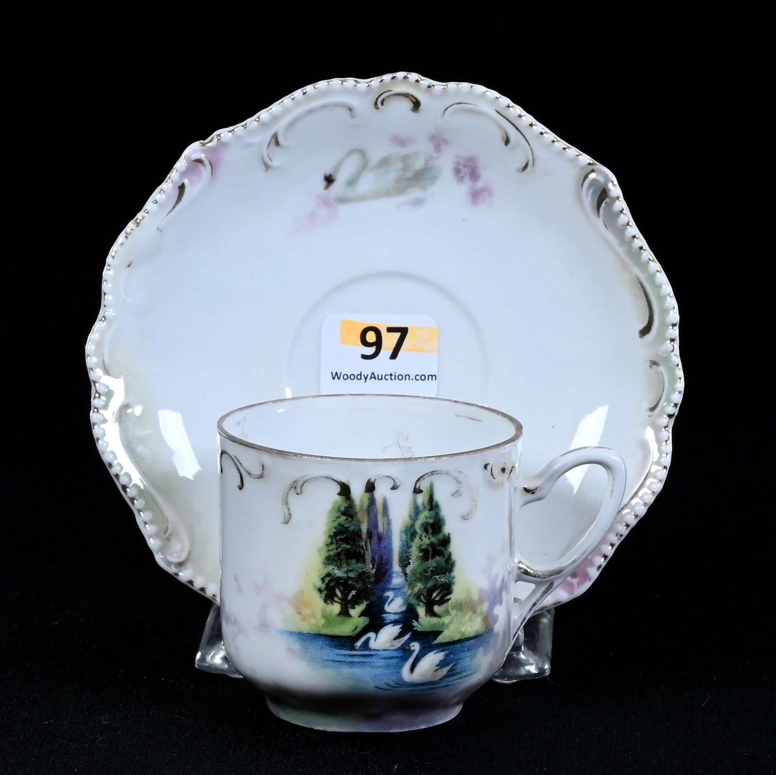 Cup And Saucer Marked R.S. Prussia, Swan And Evergreen Scenic Decor: Cup And Saucer Marked R.S. Prussia, Swan And Evergreen Scenic Decor, 2.5" x 4.5", Luster Finish, Illinois Private Collection.