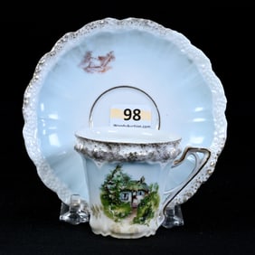 Cup And Saucer, Unmarked R.S. Prussia, Stipple Mold, Cottage Scenic Decor