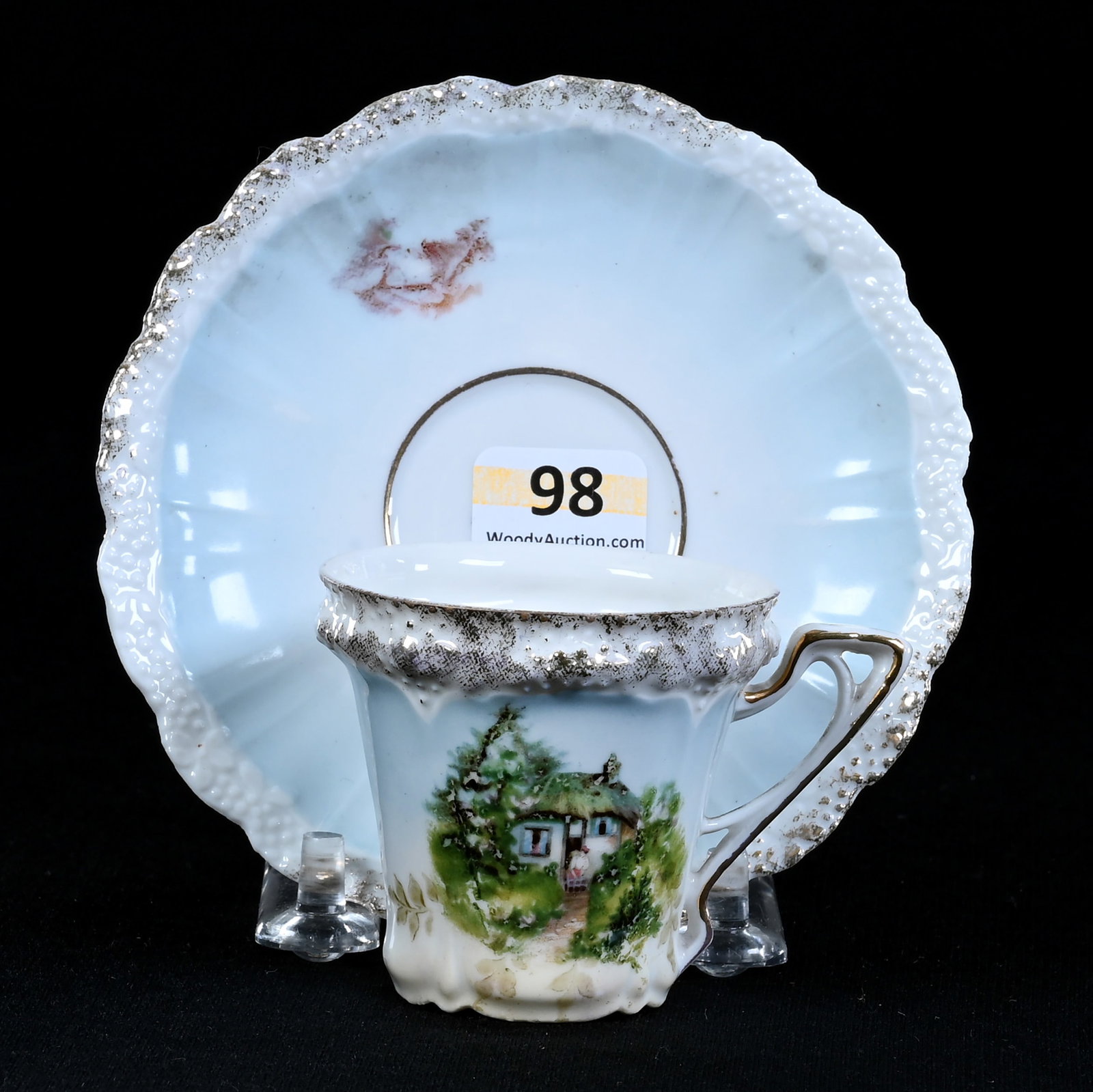Cup And Saucer, Unmarked R.S. Prussia, Stipple Mold, Cottage Scenic Decor: Cup And Saucer, Unmarked R.S. Prussia, Stipple Mold, Cottage Scenic Decor, 2.5" x 4.5", Blue And White Tones, Illinois Private Collection.