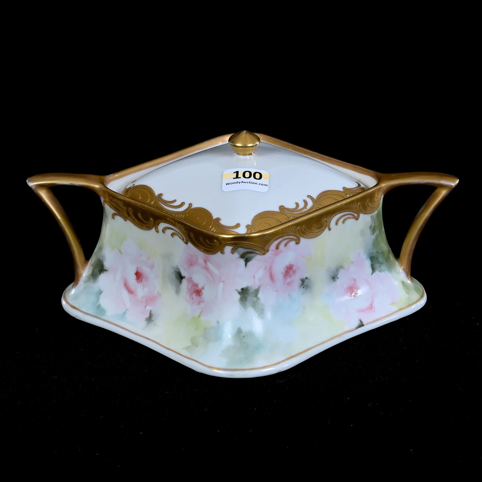 Small Biscuit Jar Marked Victoria Austria: Small Biscuit Jar Marked Victoria Austria, 3.5" x 8.25", Pastel Blue, Yellow And White Tones, Pink Rose Decor, Heavy Gold Trim, Illinois Private Collection.