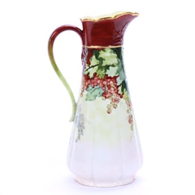 Pitcher Marked W. G. Limoges, Green And White Tones, Currant Decor