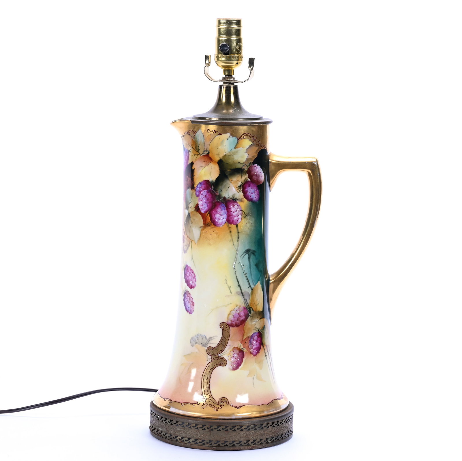 Lamp Base, Unmarked Pickard Tankard Converted To Lamp: Lamp Base, Unmarked Pickard Tankard Converted To Lamp, 20", Hand Painted Blackberry Decor, Artist Signed Leroy, Electrified, Illinois Private Collection.
