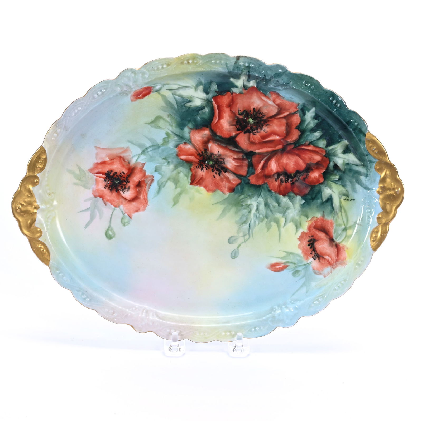 Oval Tray, Unmarked Limoges Style, Green, Yellow And White Tones, Poppy Decor (1 of 3)