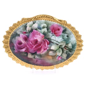 Oval Wall Plaque Marked Limoges, Hand Painted Rose Decor