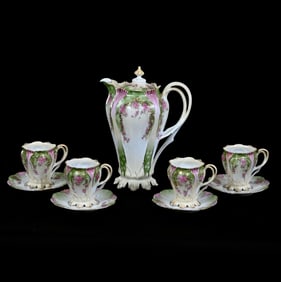 Chocolate Set, Unmarked R.S. Prussia, Green, Cream, Pink And White Tones, Floral Decor