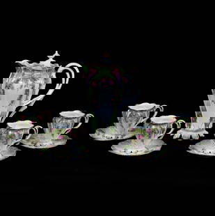 Chocolate Set, Unmarked R.S. Prussia, Green, Cream, Pink And White Tones, Floral Decor: Chocolate Set, Unmarked R.S. Prussia, Green, Cream, Pink And White Tones, Floral Decor, (1) 9" x 6.75" Chocolate Pot, (4) Matching Cups And Saucers, Pot Has A Surface Chip On One Scalloped Foot, Illin