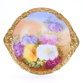 Plate Marked B & H Limoges, Hand Painted With Chrysanthemum Decor, Heavy Gold Border
