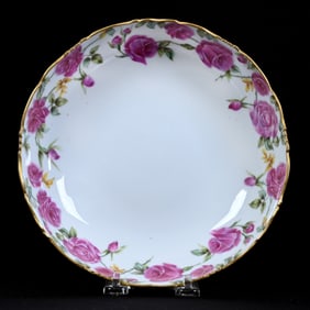 Footed Bowl, Unmarked Limoges, Green And White Tones, Pink Rose Decor