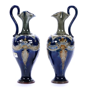 Pair Ewers Marked Royal Doulton #7018, Cobalt Blue With Smoky Green Trim