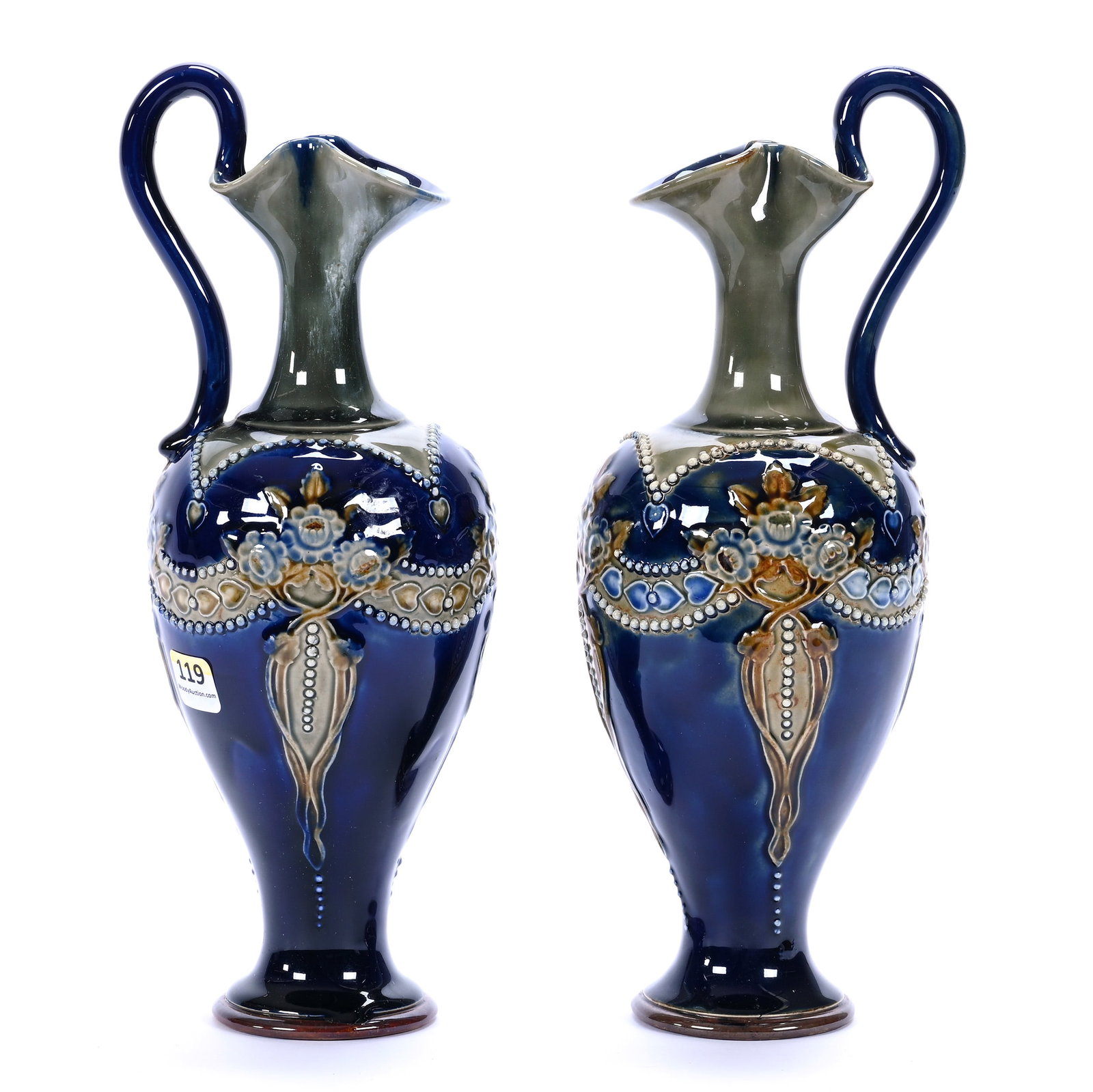Pair Ewers Marked Royal Doulton #7018, Cobalt Blue With Smoky Green Trim: Pair Ewers Marked Royal Doulton #7018, Cobalt Blue With Smoky Green Trim, 11.25" x 4.25", Floral Garland Highlights, Illinois Private Collection.